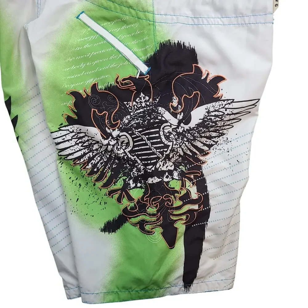 Pacific & Co Miami Board Shorts White Green Skull Surf Swim Trunks Mens 32